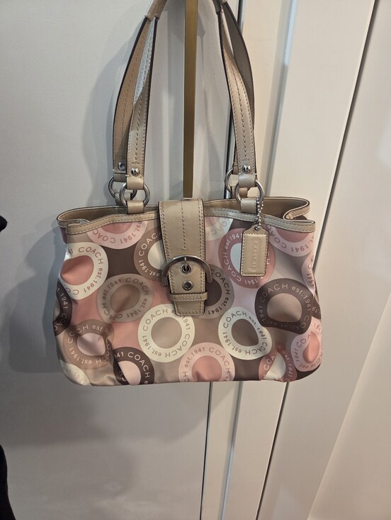 Coach Handbags - Vintage Coach Pink, Beige & Brown Soho Sateen Circle Shoulder Bag Like New